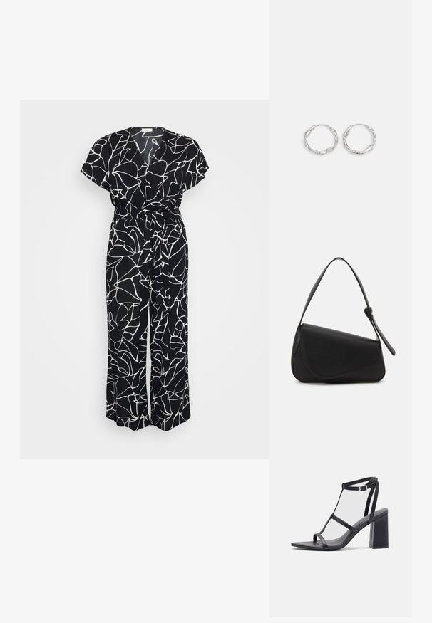 Sort jumpsuit med et hvidt abstrakt linjemønster, korte ærmer, V-hals og bånd i taljen. Stoffet har et blødt, tekstureret udseende.; Sorte hælede sandaler med firkantet tå og blokhælb. Har tynde stropper og en justerbar ankelspænde. Glat læderoverflade.; Sort læderhåndtaske med en triangular form, skrå klap og et rundt håndtag. Har en glat overflade og minimalistiske design detaljer.; Sølv hoops med en bølget, uregelmæssig tekstur. Har en tynd, cirkulær form og en reflekterende finish.
