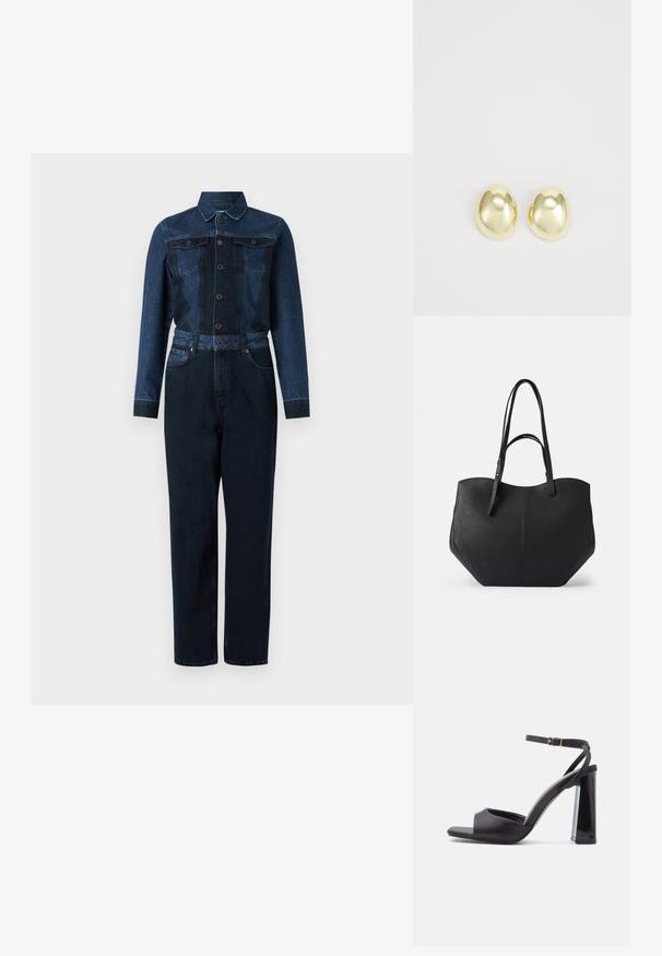 Denim jumpsuit med en mørkeblå farve, lange ærmer, knaplukning foran, krave og bælte i taljen med to brystlommer.; Sorte satin høje hæle sandaler med ankelrem, åben tå-design og en blank blokhæler. Har minimal syning og en glat tekstur.; Sort tote taske med glat, struktureret læder, afrundet top og to lange håndtag. Har en vinkelret bund for stabilitet og et struktureret design.; Guldtonede metalstudøreringe med en glat, rund form og poleret overflade. Simpelt design uden yderligere dekorationer.
