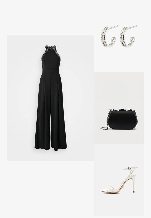 Zwart jumpsuit met een halternekontwerp, voorzien van versierde rand. Wijd gesneden silhouet met geplooide details aan de voorkant.; Witte hoge hak sandaal met dunne bandjes, enkelgesp en metalen sierdetail op een neutrale achtergrond.; Zwarte clutch tas met een gladde, matte afwerking, ronde vorm en een zilveren kettinghengsel. Bevat een geometrische sluiting bovenaan.; Zilveren oorringen met een gevlochten patroon, voorzien van een gestructureerd oppervlak, een sluiting met een pin, een gebogen ontwerp en een gepolijste afwerking.