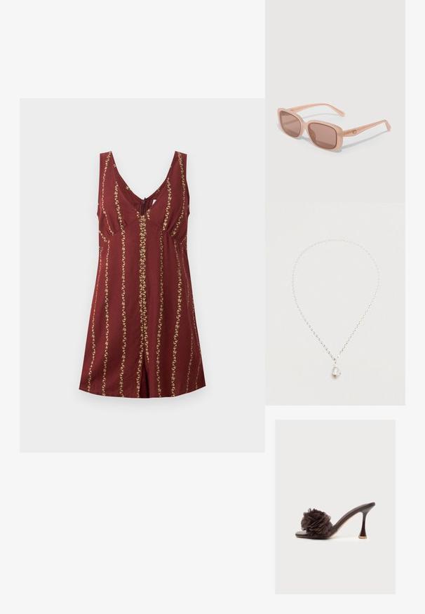 Robe sans manches bordeaux avec col en V, taille ajustée et rayures florales dorées verticales, posée à plat sur un fond blanc.; Mule à talon haut marron foncé, à bout ouvert, avec une grande fleur en tissu sur la bride avant.; Lunettes de soleil rectangulaires teintées de rose avec des montures épaisses translucides roses et un petit emblème doré sur la branche.; Collier en chaîne argentée avec un pendentif en perle irrégulière, texture lisse, et design minimaliste sans ornements supplémentaires.