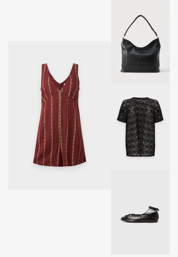 Robe sans manches bordeaux avec col en V, taille ajustée et rayures florales dorées verticales, posée à plat sur un fond blanc.; Cardigan noir à manches courtes et devant ouvert, avec un motif en dentelle raffiné et un design géométrique inspiré des fleurs.; Ballerines en cuir verni noir avec un bout rond, un design à lacets et une semelle plate. Texture lisse avec peu de détails.; Sac à épaule en cuir noir avec poignée torsadée et détails de couture verticale sur un fond clair uni.