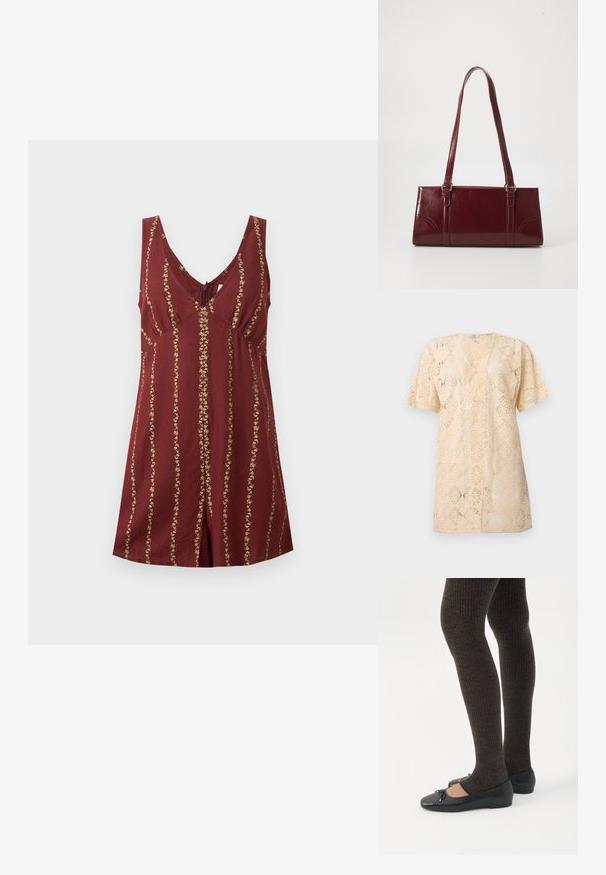 Robe sans manches bordeaux avec col en V, taille ajustée et rayures florales dorées verticales, posée à plat sur un fond blanc.; Cardigan en dentelle beige à manches courtes avec ouverture devant, motif floral complexe et coupe légèrement ample.; Jambes portant des leggings côtelés foncés associés à des ballerines noires avec de petits détails en nœud sur fond blanc.; Sac à main bordeaux en matériau brillant, de forme rectangulaire, avec deux anses et des accents légèrement courbés à l'avant.