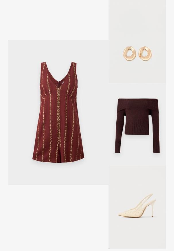 Robe sans manches bordeaux avec col en V, taille ajustée et rayures florales dorées verticales, posée à plat sur un fond blanc.; Pull tricoté marron foncé à épaules dénudées, manches longues, poignets et ourlet côtelés, sur fond uni.; ALDO PEARLESCENT PILLOW WALK - Escarpins à talons hauts - other white; Paired boucles d'oreilles en métal doré poli de forme irrégulière avec un centre ouvert sur un fond blanc uni.