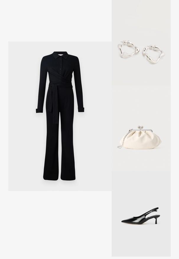 Sort langærmet jumpsuit med krave, knaplukning, indviklet design og en bælte i taljen. Fremstillet af blødt, strækbart stof.; Sorte patenterede slingback hæle med spids tå, tynd hæl og justerbar spænde-rem. Glat tekstur med minimal udsmykning.; Cremefarvet stofclutch med et rynket design, sølv metalramme, to dekorative kugler og en sølvkæde som rem.; Øreringe i sølvfarvet tone med uregelmæssig form og bagerste lukning med stift, placeret på en ensfarvet hvid overflade.