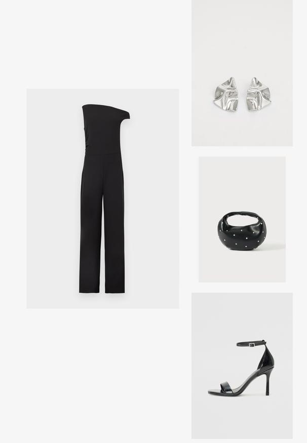 Combinaison noire sans manches avec design à une épaule et pantalon à jambes larges sur un fond clair uni.; Sandale à talon haut en cuir verni noir avec un bout ouvert, une seule lanière à l'avant et une lanière de cheville ajustable.; Sac à main en cuir noir de forme arrondie, décoré de clous argentés et équipé d'une poignée courte. Texture lisse et fermeture éclair.; Boucles d'oreilles en métal argenté avec un design ondulé et sculptural, présentant une finition polie et des formes irrégulières, mettant en valeur une esthétique contemporaine.