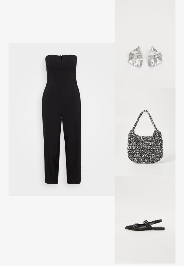 Čierny bezramienkový overal s priliehavým telom, zipsom na prednej strane a zúženými nohavicami, vyrobený z hladkého, elastického materiálu.; Even&Odd by Zalando Balerínky na šnúrky - black; Tkaná kabelka v čierno-bielej kombinácii s oválnym tvarom, textúrovaným povrchom a pletenou rúčkou. Vhodná na bežné nosenie.; Strieborné kovové náušnice s vlnitým, sochárskym dizajnom, s lešteným povrchom a nepravidelnými tvarmi, ktoré zvýrazňujú súčasnú estetiku.