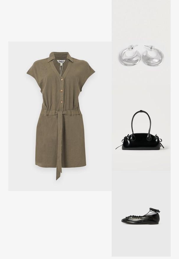 Robe sans manches vert olive boutonnée, avec col, taille élastique et ceinture en tissu nouée.; Ballerines en cuir verni noir avec un bout rond, un design à lacets et une semelle plate. Texture lisse avec peu de détails.; Petit sac à main noir brillant avec deux longues anses et des détails à cordon sur les côtés sur un fond clair uni.; Une paire de boucles d'oreilles en croissant argenté poli avec des supports en plastique transparent sur une surface blanche.