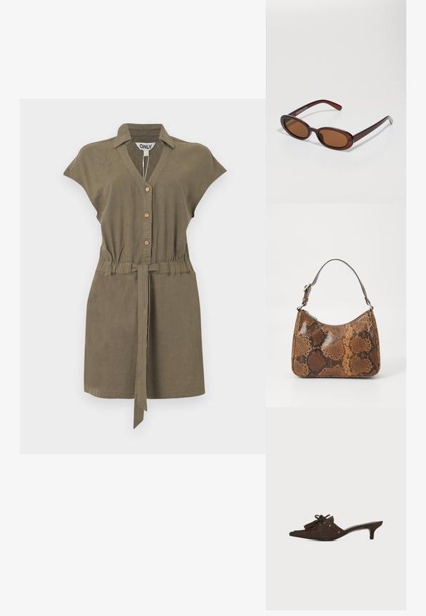 Robe sans manches vert olive boutonnée, avec col, taille élastique et ceinture en tissu nouée.; Mule en daim marron avec bout pointu, petit talon kitten, lacets noués en nœud et détails à pompons sur fond blanc.; Lunettes de soleil rondes teinte brun avec une monture bordeaux brillante. Branches fines avec un détail de marque subtil. Design de verres plats.; Petit sac à main avec un motif en peau de serpent marron et noir, courroie courte et ajustable, et fermeture éclair.