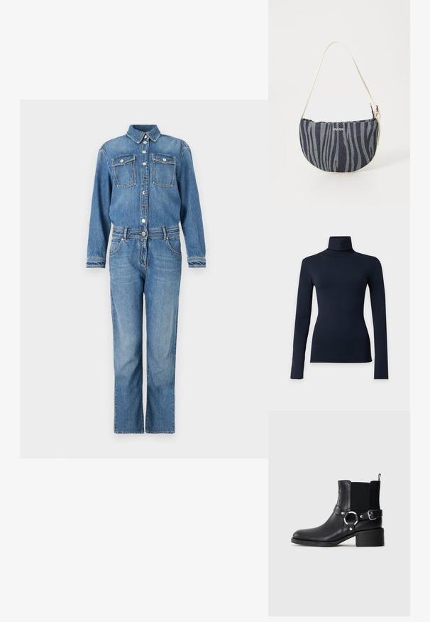 Lysblå denim jumpsuit. Har lange ærmer, krave, knaplukning foran, to brystlommer og brede lige ben med synlig syning.; Marineblå langærmet rullekravetop med tætsiddende silhuet vist på en ensartet lysegrå baggrund.; Sort læder ankelstøvle med sidespænde og ringdetalje, elastisk sideskærm, lav blokhæl og trækstrop på neutral baggrund.; Denim taske med en buet form, der har et navy og lyseblåt zebra-stribemønster, hvid strop og brandlogoet tydeligt præsenteret.