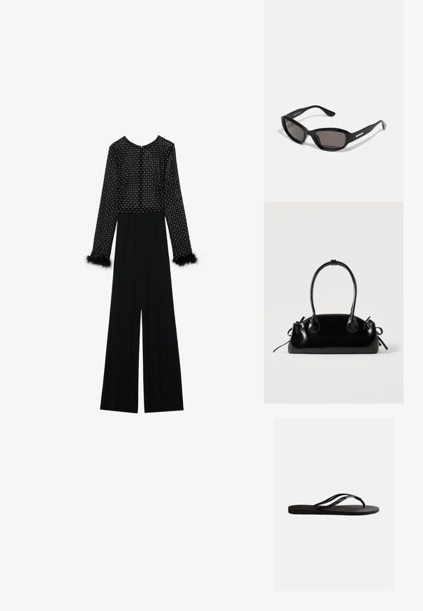 Zwarte jumpsuit met lange mouwen, versierde lijf met kristallen en pluizige accenten op de manchetten. Wijde pijpen, slanke silhouet.; Zwarte rubberen teenslipper met een gestructureerd voetbed en dunne Y-vormige bandjes op een effen witte achtergrond.; Zwarte zonnebril met een rechthoekig frame, donkere lenzen, gladde plastic materiaal en een metalen accent op de poot.; Kleine zwarte glanzende handtas met twee lange hengsels en zijkant trekkoord details op een effen lichte achtergrond.