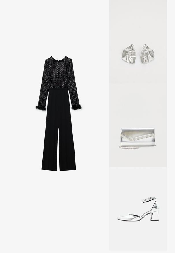Sort jumpsuit med lange ærmer, udsmykket bodice med krystaller og fjer-accenter ved manchetterne. Bred ben-design, slank silhuet.; Sølvmetallic sko med lav blokhæl, spids tå og ankelrem med spænde på hvid baggrund.; Skinnende sølv clutch taske med kuvertlåg og dekorativ kant, lille sølvkæde, på ensartet lys baggrund.; Sølvmetal øreringe med et bølgende, skulpturelt design, der har en poleret overflade og uregelmæssige former, hvilket fremhæver en moderne æstetik.