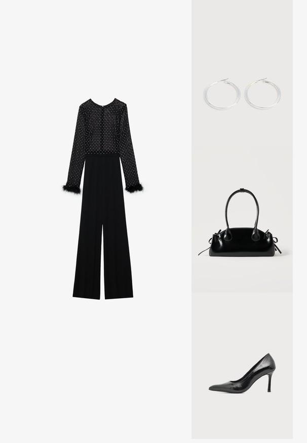 Sort jumpsuit med lange ærmer, udsmykket bodice med krystaller og fjer-accenter ved manchetterne. Bred ben-design, slank silhuet.; Sort laklæder damestilet med spids tå og slank hæl på en ensartet lys baggrund.; Lille sort blank håndtaske med to lange håndtag og snøre-detaljer i siden på en ensfarvet lys baggrund.; Par skinnende sølvøreringe med tynde trådlåse, vist på en lys grå baggrund.