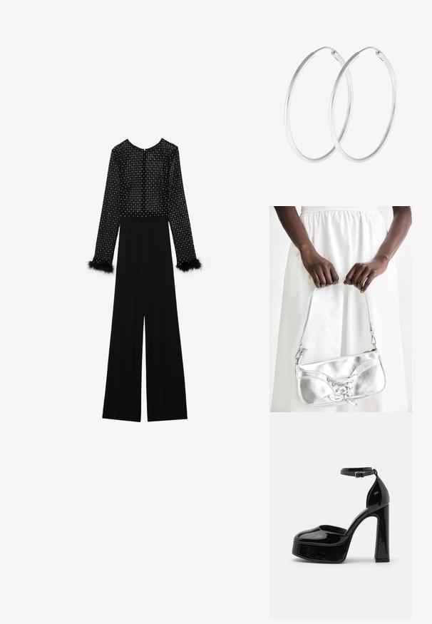 Zwarte jumpsuit met lange mouwen, versierde lijf met kristallen en pluizige accenten op de manchetten. Wijde pijpen, slanke silhouet.; Zwarte gepatenteerde leren plateauhakken met een enkelsluiting, ronde neus en een blokhak, die een gladde, glanzende textuur laten zien.; Zilveren metalen handtas met vetersluiting, met een strak ontwerp en een korte schouderriem. De tas wordt vastgehouden in de handen, waardoor de textuur goed tot zijn recht komt.; Zilverkleurige oorringen met een gladde, ronde vorm en een gepolijste afwerking. Beide oorbellen zijn van dezelfde grootte en hebben een veilige sluitmechanisme.