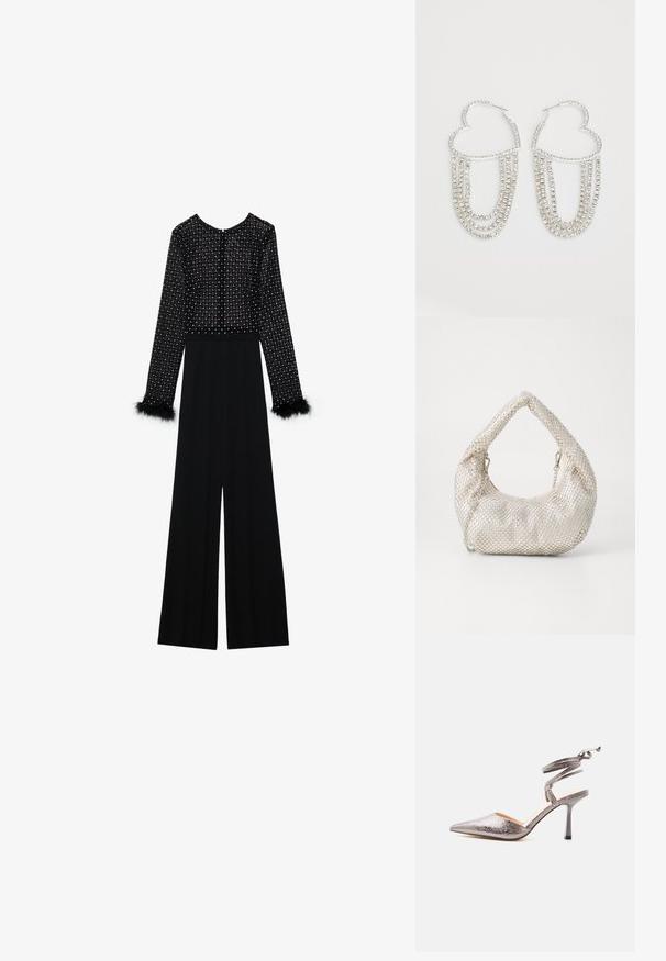Combinaison noire à manches longues, corsage orné de cristaux et détails en plumes au niveau des poignets. Design à jambes larges, silhouette élégante.; Chaussure à talon haut pointu métallique argenté avec bride enveloppante autour de la cheville et talon stiletto fin sur fond blanc.; Sac à main en mesh argenté avec une forme arrondie, finition texturée et une poignée courbée. Présente des accents en chaîne et un corps doux et froncé.; Boucles d'oreilles en argent en forme de cœur, ornées de fils tombants de strass transparents pour plus d'éclat et de texture.