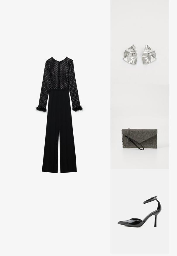 Zwarte jumpsuit met lange mouwen, versierde lijf met kristallen en pluizige accenten op de manchetten. Wijde pijpen, slanke silhouet.; Zwarte lakleren pump met spitse neus, enkelriem en zilverkleurige gesp, stilettohak, zijaanzicht op effen achtergrond.; Metaalgrijze clutch met een gemetalliseerd meshpatroon, envelopontwerp, kettingschouderband en een slanke, dunne polsband.; Zilveren metalen oorbellen met een golvend, sculpturaal ontwerp, voorzien van een gepolijste afwerking en onregelmatige vormen, die een hedendaagse esthetiek benadrukken.