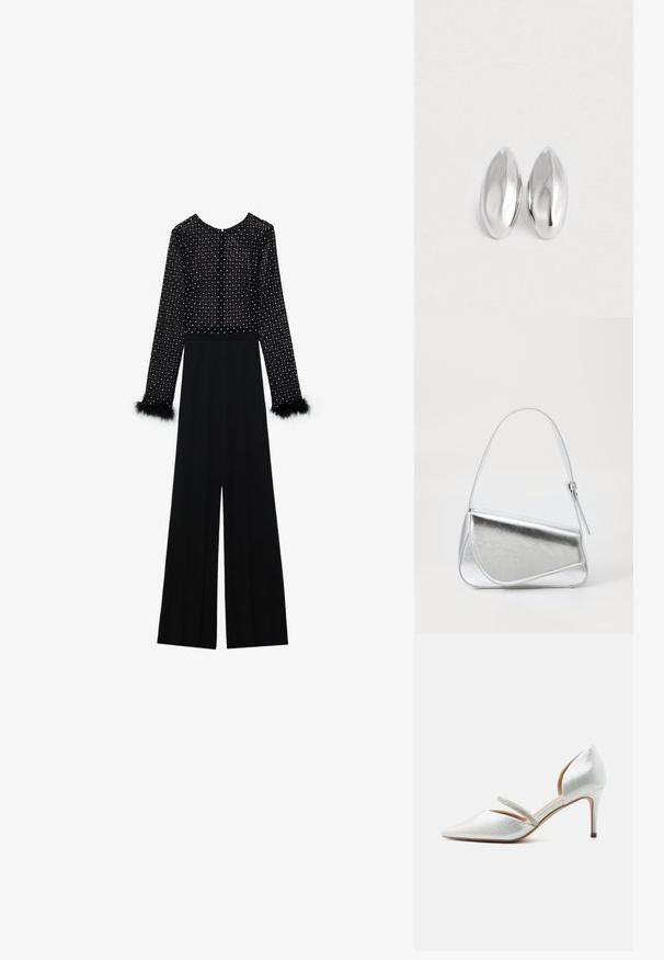 Zwarte jumpsuit met lange mouwen, versierde lijf met kristallen en pluizige accenten op de manchetten. Wijde pijpen, slanke silhouet.; Zilverkleurige pumps met een puntige neus, lage naaldhak en een dunne band versierd met strass steentjes over de wreef.; Zilveren metalen handtas met een driehoekige vorm, gladde textuur en een dunne, verstelbare schouderriem. Kenmerkt zich door een omklapbaar ontwerp met stiksels.; Een paar gladde, glanzende zilveren ovale objecten die naast elkaar zijn geplaatst op een eenvoudige witte achtergrond.