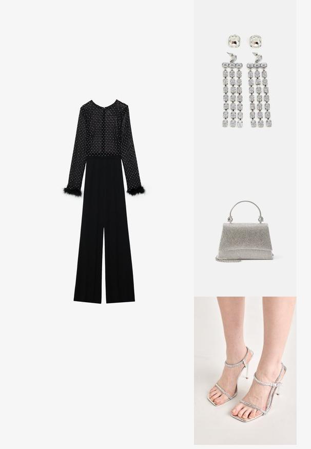 Zwarte jumpsuit met lange mouwen, versierde lijf met kristallen en pluizige accenten op de manchetten. Wijde pijpen, slanke silhouet.; Voeten in zilveren hoge hakken met dunne bandjes en vierkante neuzen, staande op een lichtgekleurde ondergrond.; ALDO FELISIA - Handtas - silver-coloured; Kruisdruppel oorbellen met hardware in zilvertint, gekenmerkt door een vierkante stud en watervallen van rechthoekige en octagonale kristallen.