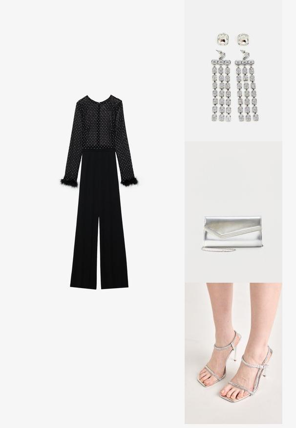 Mustast jumpsuit'iga, millel on pikad varrukad, kaunistatud kristallidega bodice ja suleaksendid varrukaotstes. Lai jalgevahe disain ja elegantne siluett.; Jalad kõrged hõbedased kontsakingad, millel on õhukesed rihmad ja ruudukujulised varbad, seisavad heleda pinnal.; Särav hõbedane õlalamp lkleeplapiga ja dekoratiivse äärisega, väike hõbedane ketirihm, ühevärvilise heleda taustaga.; Kristallheitede kõrvarõngad hõbedase tooni riistvaraga, millel on ruudukujuline nööp ja rippuvad read ristkülikukujulisi ja kaheksanurkseid kristalle.