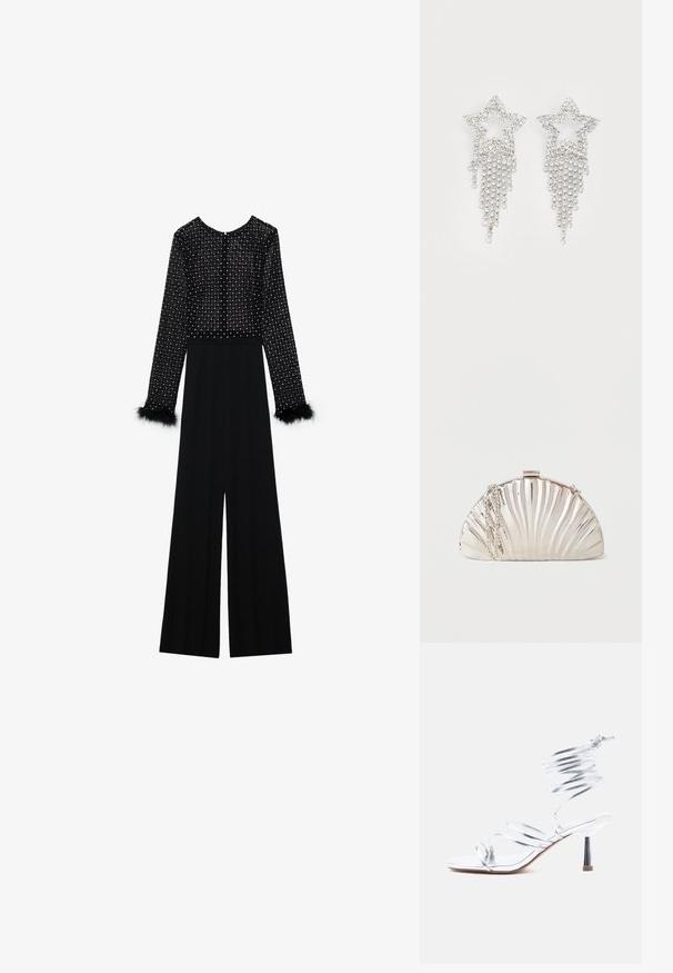 Zwarte jumpsuit met lange mouwen, versierde lijf met kristallen en pluizige accenten op de manchetten. Wijde pijpen, slanke silhouet.; Zilveren sandaal met hoge hakken en fijne bandjes die over de tenen kruisen en een spiraalvormige wikkel rond de enkel, op een witte achtergrond.; Metalen zilveren clutch in de vorm van een schelp met een zilveren kettingriem losjes aan de zijkant gehangen.; Rhinestone ster oorbellen met waterval franje, in een zilverkleurige tint en een glanzend, reflecterend oppervlak. Stervorm met ingewikkeld ontwerp.