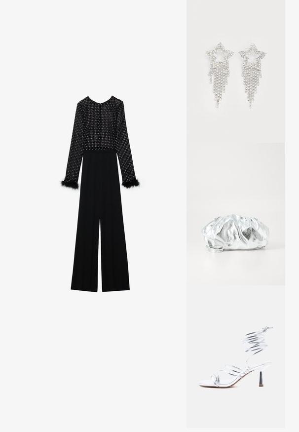 Zwarte jumpsuit met lange mouwen, versierde lijf met kristallen en pluizige accenten op de manchetten. Wijde pijpen, slanke silhouet.; Zilveren sandaal met hoge hakken en fijne bandjes die over de tenen kruisen en een spiraalvormige wikkel rond de enkel, op een witte achtergrond.; Metalen zilveren clutch tas met een zachte, geplooide body en een dunne schouderriem. Kenmerkt zich door een gladde, glanzende textuur en afgeronde vorm.; Rhinestone ster oorbellen met waterval franje, in een zilverkleurige tint en een glanzend, reflecterend oppervlak. Stervorm met ingewikkeld ontwerp.