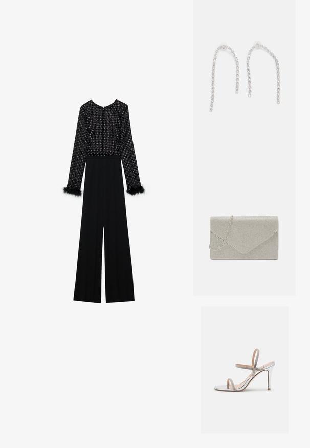 Zwarte jumpsuit met lange mouwen, versierde lijf met kristallen en pluizige accenten op de manchetten. Wijde pijpen, slanke silhouet.; Madden Girl WISE - Sandalen met hoge hak - silver; Metalen zilveren clutch met een envelopontwerp, verrijkt met een gestructureerd patroon, voorzien van een afneembare kettinghengsel.; Zilveren oorbellen met hangende kettingen, voorzien van meerdere heldere edelstenen die in een lineair patroon zijn gerangschikt, wat een schitterend effect geeft.