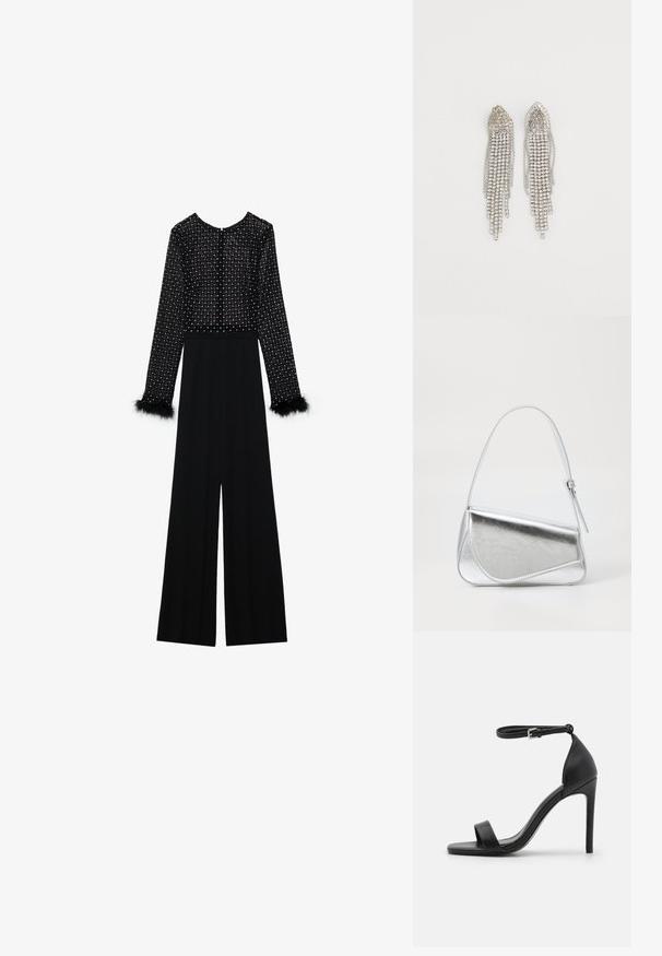 Mustast jumpsuit'iga, millel on pikad varrukad, kaunistatud kristallidega bodice ja suleaksendid varrukaotstes. Lai jalgevahe disain ja elegantne siluett.; Mustad must kõrge kontsaga sandaal, millel on sile disain, sääre rihm, avatud varvas ja sile nahk tekstuur.; Hõbedane metallik käekott kolmnurkse kujuga, sileda tekstuuriga ja õhukese, reguleeritava õlapaelaga. Omab kokkuvolditavat disaini koos õmblustega.; Hõbedased kõrvarõngad, millel on kaskaadiline disain, mitmekesised rida säravate rhinestone'idega, teravad tipud ja delikaatsed ketikatted.