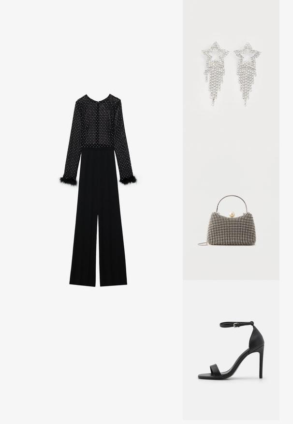 Mustast jumpsuit'iga, millel on pikad varrukad, kaunistatud kristallidega bodice ja suleaksendid varrukaotstes. Lai jalgevahe disain ja elegantne siluett.; Mustad must kõrge kontsaga sandaal, millel on sile disain, sääre rihm, avatud varvas ja sile nahk tekstuur.; Väike käekott hõbedase võrgumustriga, kõver käepide, suur pärlikinnitus ja õhuke hõbedane kettsahtel lihtsal taustal.; Rhinestone-iga tähe kõrvarõngad, millel on voogav frantsiisi detail, hõbedases toonis ja läikiv, peegeldav pind. Tähekuju koos keeruka disainiga.