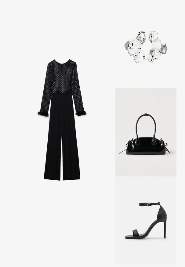 Zwarte jumpsuit met lange mouwen, versierde lijf met kristallen en pluizige accenten op de manchetten. Wijde pijpen, slanke silhouet.; Zwarte sandalen met hoge hakken, met een slank ontwerp, voorzien van een enkelbandje, open teen en een gladde leren textuur.; Kleine zwarte glanzende handtas met twee lange hengsels en zijkant trekkoord details op een effen lichte achtergrond.; Cluster van zes onregelmatig gevormde, doorschijnende en reflecterende glasachtige stukken die zijn gerangschikt op een witte achtergrond.