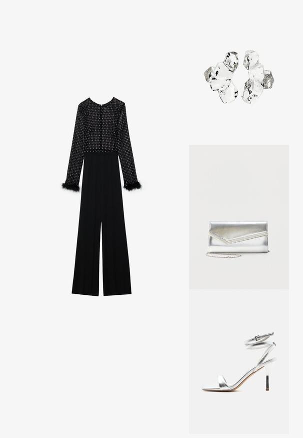Combinaison noire à manches longues, corsage orné de cristaux et détails en plumes au niveau des poignets. Design à jambes larges, silhouette élégante.; Sandale argentée à talon haut avec des brides qui entourent la cheville et un talon aiguille fin, vue de profil sur un fond blanc.; Pochette argentée brillante avec rabat style enveloppe et garniture décorative, petite bandoulière chaîne argentée, sur fond clair uni.; Grappe de six morceaux translucides et réfléchissants de forme irrégulière, ressemblant à du verre, disposés sur un fond blanc.
