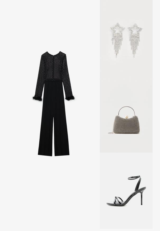 Zwarte jumpsuit met lange mouwen, versierde lijf met kristallen en pluizige accenten op de manchetten. Wijde pijpen, slanke silhouet.; Zwarte lakleren sandaal met hoge hak, met dunne bandjes die over de tenen kruisen en een enkelriempje met gesp op een witte achtergrond.; Kleine handtas met zilverkleurig rasterpatroon, gebogen handvat, grote parel sluiting en een dunne zilveren kettingriem op een effen achtergrond.; Rhinestone ster oorbellen met waterval franje, in een zilverkleurige tint en een glanzend, reflecterend oppervlak. Stervorm met ingewikkeld ontwerp.