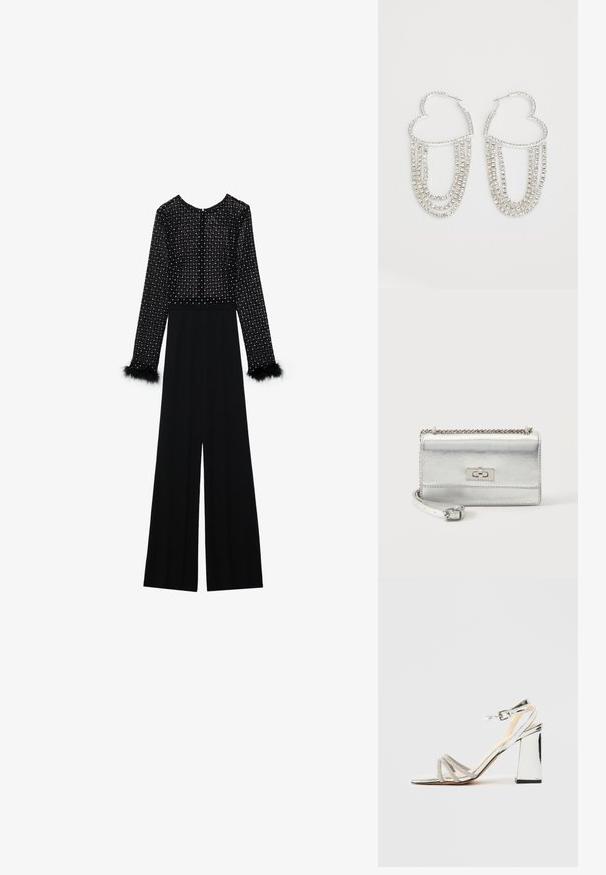 Sort jumpsuit med lange ærmer, udsmykket bodice med krystaller og fjer-accenter ved manchetterne. Bred ben-design, slank silhuet.; Sølv højhælede sandaler med blokhæl, tre rhinestones remme over tæerne, og en justerbar ankelrem med spænde.; Lille rektangulær sølv metallic håndtaske med kæderem, frontklap og rektangulært drejelås-lukning.; Sølv hoops i hjerteform, prydet med hængende strenge af klare rhinsten for ekstra glans og struktur.