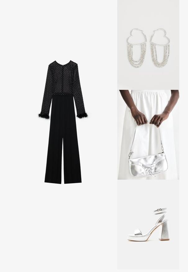 Mustast jumpsuit'iga, millel on pikad varrukad, kaunistatud kristallidega bodice ja suleaksendid varrukaotstes. Lai jalgevahe disain ja elegantne siluett.; Hõbedane metallik kõrge kontsaga sandaal pahluvööga, plokk-kontsa ja avatud varbakandiga ühetaustalisel heledal taustal.; Hõbedane metallist käekott, millel on paeltega detail, elegantse disainiga ja lühikese rihmaga. Kotti hoitakse kätes, esitades selle tekstuuri.; Hõbe rõngastooted südame kujuga, millel on langevad selgeid rhinestone'idesse, et lisada sära ja tekstuuri.