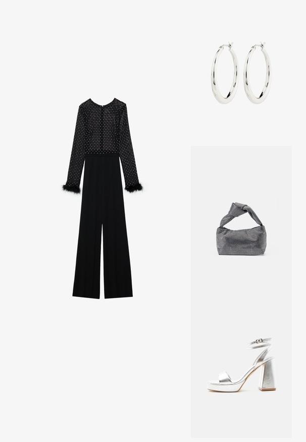 Zwarte jumpsuit met lange mouwen, versierde lijf met kristallen en pluizige accenten op de manchetten. Wijde pijpen, slanke silhouet.; Zilveren metallic sandaal met hoge hak, enkelbandje, blokhak en open teen op een effen lichte achtergrond.; Zwarte en zilveren handtas met een gestructureerd oppervlak dat een diamanten patroon vertoont, een geknoopt handvat en een gestructureerde vorm.; Zilveren oorbellen in de vorm van een gladde, glanzende ring. Circulaire vorm, voorzien van een veilige sluiting. Eenvoudig en elegant ontwerp.