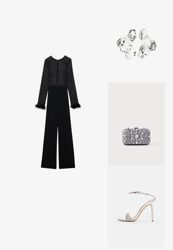 Sort jumpsuit med lange ærmer, udsmykket bodice med krystaller og fjer-accenter ved manchetterne. Bred ben-design, slank silhuet.; Sølv højhælede sandaler med en smal ankelrem, udsmykket øvre rem, mandelformet tå og en blank, spejl-lignende finish.; Lille rektangulær mørkegrå clutch pyntet med klare rhinsten i et strålende mønster og en sølvkæde som strop.; Klynge af seks uregelmæssigt formede, gennemsigtige og reflekterende glaslignende stykker arrangeret på en hvid baggrund.