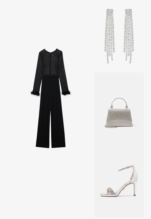 Zwarte jumpsuit met lange mouwen, versierde lijf met kristallen en pluizige accenten op de manchetten. Wijde pijpen, slanke silhouet.; Zilveren hoge hak sandaal met glanzend lakleren bovenkant, gestructureerde rhinestone-band, verstelbare enkelband en een vierkante open teen ontwerp.; ALDO FELISIA - Handtas - silver-coloured; Lange zilveren oorbellen met een scala aan heldere, facetteerde kristallen in een waterval van strengen met variërende lengtes en vormen.