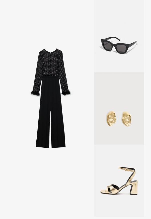 Zwarte jumpsuit met lange mouwen, versierde lijf met kristallen en pluizige accenten op de manchetten. Wijde pijpen, slanke silhouet.; Gouden metallic open-toe sandaal met hak, enkelbandje en blokhak op effen witte achtergrond.; Zwarte cat-eye zonnebril met een matte afwerking, voorzien van grijs getinte glazen, scherpe hoeken en slanke zijarmen. Merkennaam zichtbaar op de binnenarm.; Een paar glanzende, onregelmatig gevormde gouden metalen oorbellen met een gekreukeld, glad oppervlak op een effen lichte achtergrond.