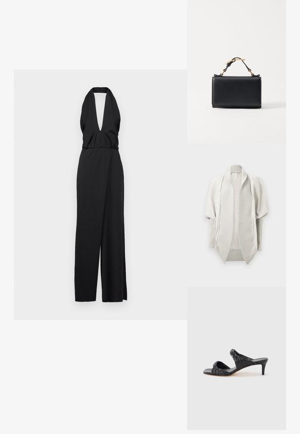 Sort halterneck jumpsuit med en dyb V-udskæring, samlet talje og bred benåbning. Fremstillet af glat stof med en tætsiddende bodice.; Lysegrå cardigan med åben front, bred ribstrikket krave, lange ærmer og tekstureret strikstof, lagt fladt mod hvid baggrund.; Sorte hælede sandaler med firkantet tå, lavet af glat læder. Har samlet remme og en slank hæl for ekstra højde.; Sort læderhåndtaske med rektangulær form, der har en top-håndtag og hardware i guldtonet. Glat tekstur, minimalistisk design.