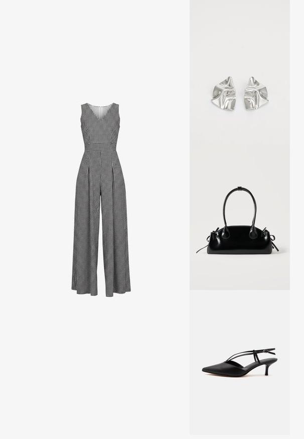 Combinaison sans manches à jambes larges avec motif pied-de-poule noir et blanc, col en V et taille cintrée.; Escarpin noir en cuir à bout pointu avec petit talon kitten, fine bride de cheville avec boucle, design slingback, sur un fond uni clair.; Petit sac à main noir brillant avec deux longues anses et des détails à cordon sur les côtés sur un fond clair uni.; Boucles d'oreilles en métal argenté avec un design ondulé et sculptural, présentant une finition polie et des formes irrégulières, mettant en valeur une esthétique contemporaine.