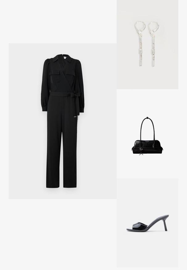 Sort indpaknings-jumpsuit med lange ærmer, to brystlommer, en bindebælte i taljen og brede bukser. Glat stof med skræddersyet design.; Sorte laklæder sandaletter med åben tå, der har et buet overdesign og en spids stilethæl. Glat, blank finish.; Sort skuldertaske i krokodillelæder med lange stropper og lille sølvlogo-charm på den ene strop.; Sølv hængende øreringe med rektangulære og runde klare krystaller i en lodret linje, fastgjort med låsebeslag.