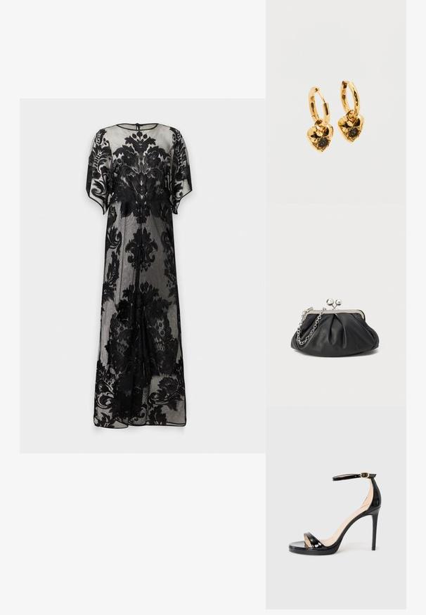 Longue robe noire transparente avec des motifs en dentelle florale, manches courtes et un col rond avec une petite fermeture par bouton dans le dos.; Sandale à talon haut en cuir verni noir avec une bride de cheville et une boucle dorée, bout ouvert et talon stilettos fin, sur un fond uni.; Porte-monnaie en cuir noir avec texture froncée, cadre en métal argenté, fermeture à verrouillage kiss-lock et bandoulière en chaîne. Surface lisse et douce.; Boucles d'oreilles créoles en or avec pendentifs en forme de cœur. Chaque cœur présente une surface texturée et une pierre précieuse noire centrale sertie de griffes.