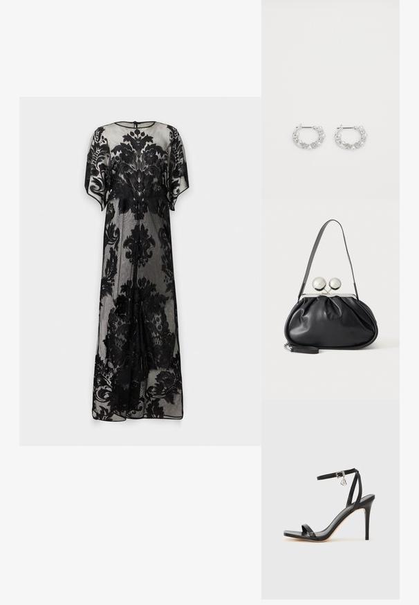 Longue robe noire transparente avec des motifs en dentelle florale, manches courtes et un col rond avec une petite fermeture par bouton dans le dos.; Sandale à talon haut noire avec une bride étroite à la cheville, bout carré, cuir lisse et accent de boucle métallique.; Sac à main en cuir noir avec un design plissé, une sangle unique, un cadre métallique argenté et deux grandes fermoirs ronds en argent.; Boucles d'oreilles en argent en forme de créoles avec des accents de perles et de cristaux, présentant une surface texturée et une fermeture à tige sécurisée.