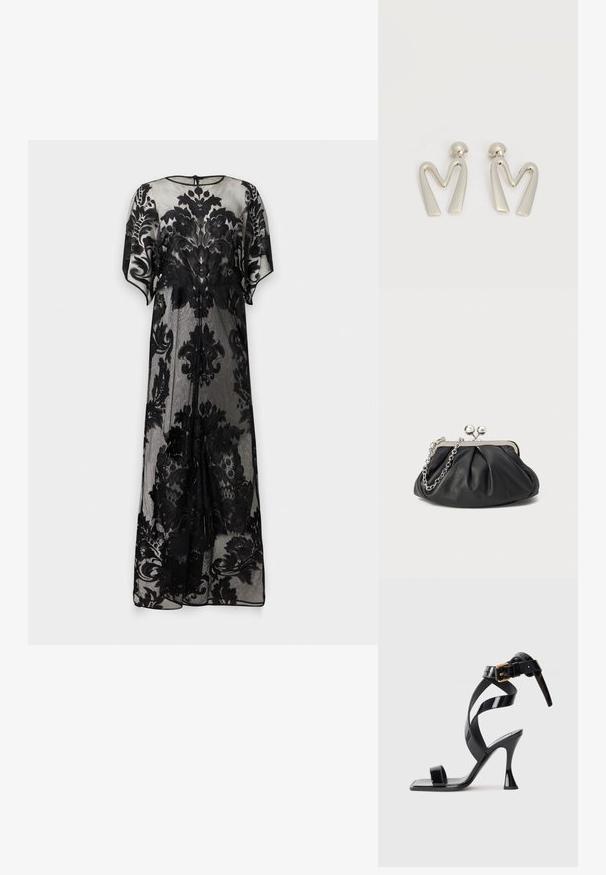 Long sheer black dress with floral lace patterns, short sleeves, and a round neckline with a small back button closure.; Black patent leather high-heeled sandal with square toe, ankle strap, and gold buckle on a white background.; Black leather clutch with gathered texture, silver-tone metal frame, kiss-lock closure, and chain strap. Smooth, soft surface.; Pair of silver-tone metal earrings shaped like angular letter M with rounded posts on a white background.