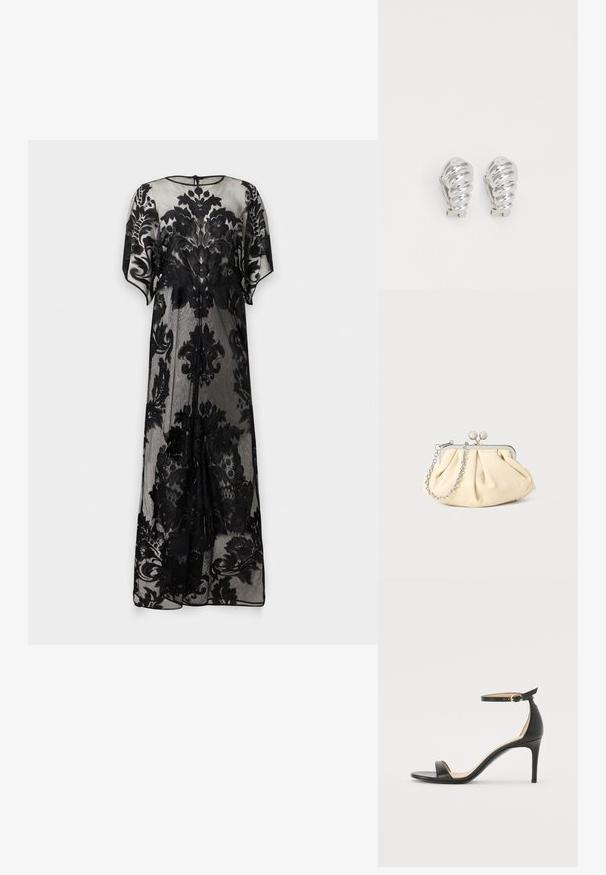 Longue robe noire transparente avec des motifs en dentelle florale, manches courtes et un col rond avec une petite fermeture par bouton dans le dos.; Sandale à talons hauts en cuir noir avec une lanière de cheville. Présente une texture lisse, un bout ouvert et un talon fin. Détail de boucle en ton doré.; Pochette en cuir beige plissé avec un cadre en métal argenté, dotée de deux fermoirs ronds décoratifs et d'une chaîne en argent.; Boucles d'oreilles en clip argentées avec un design en spirale, présentant une texture métallique lisse et des formes arrondies. Pas d'embellissements ou de motifs visibles.