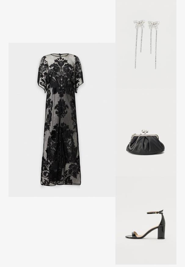 Longue robe noire transparente avec des motifs en dentelle florale, manches courtes et un col rond avec une petite fermeture par bouton dans le dos.; Sandale à talon haut en cuir verni noir avec bride à la cheville et boucle dorée, bout ouvert et talon bloc sur fond blanc.; Porte-monnaie en cuir noir avec texture froncée, cadre en métal argenté, fermeture à verrouillage kiss-lock et bandoulière en chaîne. Surface lisse et douce.; Longs boucles d'oreilles en argent avec un groupe de strass au sommet et des rangées de petites strass suspendues en dessous.