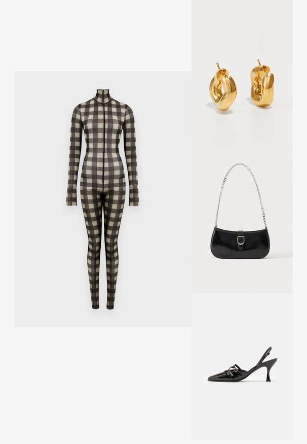 Langærmet bodysuit i et ternet mønster, med høj hals og tætsiddende silhuet, lavet af et glat stof i neutrale nuancer.; ALOHAS JOELLE ONIX - Pumps - black; Sort skuldertaske i laklæder med sølv spænde og sølv kæderem, vist mod en ensartet lys baggrund.; Chunky guld hoop øreringe med et let snoet, rørformet design og postsystem bagpå, på en hvid baggrund.