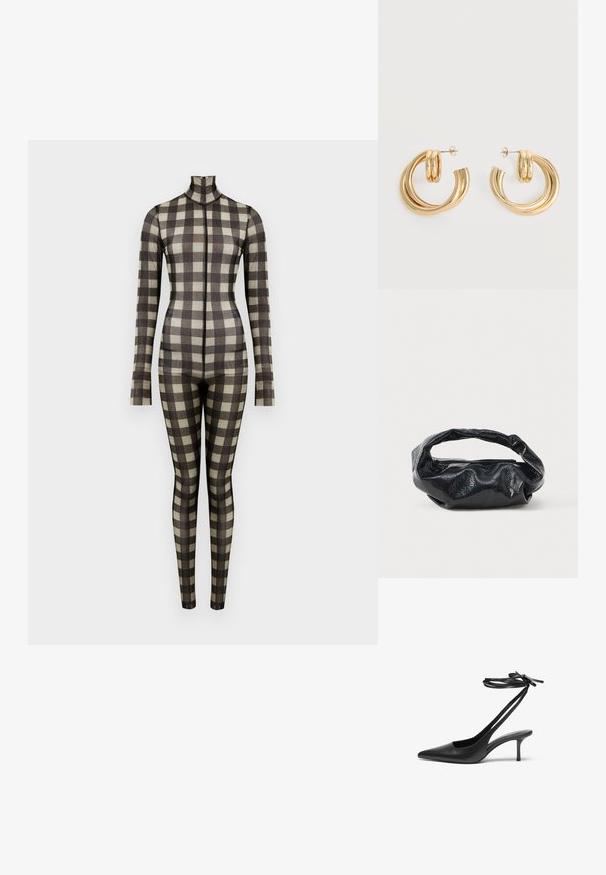 Body de manga larga con un estampado de cuadros, con cuello alto y silueta ajustada, confeccionado en una tela suave de tonos neutros.; Zapato de charol negro con tacón de aguja y punta afilada, con la parte trasera abierta y correas en los tobillos atadas en forma de lazo. Tacón delgado de 3 pulgadas. Textura suave, diseño minimalista.; Bolso negro hecho de un material brillante y texturizado con un asa circular retorcida y un cierre de cremallera. Presenta un diseño suave y arrugado.; Par de pendientes de aro doble brillante de oro con cierres de presión sobre un fondo blanco.