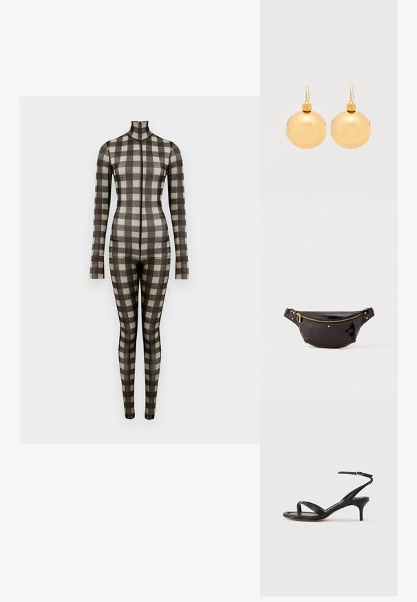 Langärmeliger Bodysuit mit Karomuster, featuring einen hohen Kragen und eine taillierte Silhouette, hergestellt aus einem glatten Stoff in neutralen Tönen.; Schwarze Ledersandale für Damen mit dünnen Riemchen, einer Zehenlasche, einer Knöchelschnalle und einem mittelhohen Stöckelabsatz vor neutralem Hintergrund.; Schwarze, glänzende Leder-Tasche mit gewölbtem Design, goldener Reißverschlussakzent, verstellbarem Trageriemen und kleiner dekorativer Hardware.; Paar glänzende goldene Weihnachtskugel-Ohrringe mit Hakenverschlüssen auf einfachem weißem Hintergrund.