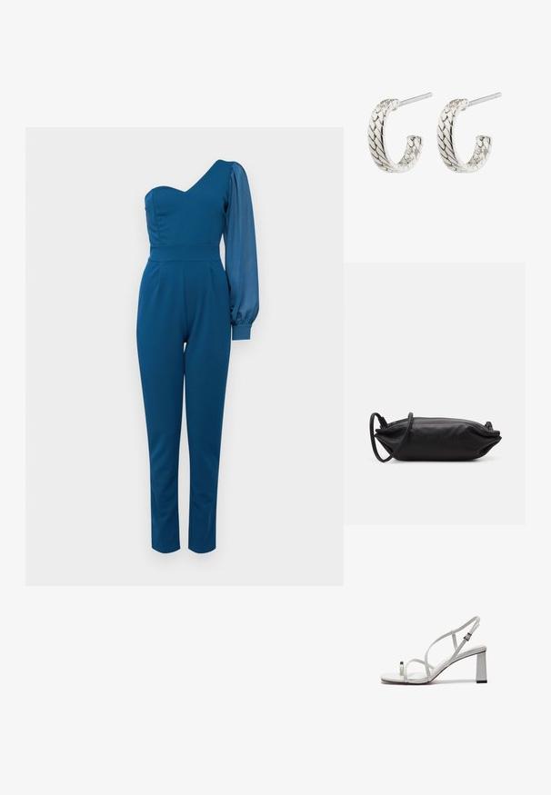 Μονόχρωμο jumpsuit σε σκούρο μπλε, με εφαρμοστό κορσέ, υφή στο μανίκι και στενές γραμμές στα πόδια. Λείο ύφασμα με ελάχιστες λεπτομέρειες.; Λευκή σανδάλι με λουριά, διαθέτει επίπεδο λουρί στη μύτη, φαρδύ τακούνι και ρυθμιζόμενο λουρί στον αστράγαλο με μεταλλικό κούμπωμα.; Μαύρη δερμάτινη τσάντα φάκελος με ορθογώνιο σχήμα, λεία υφή, λεπτό λουράκι ώμου και μινιμαλιστικό σχέδιο.; Ασημένια σκουλαρίκια σε σχήμα χορού με πλεγμένο σχέδιο, διαθέτοντας επεξεργασμένη επιφάνεια και κλείσιμο με στυπτηρία, καμπυλωτό σχέδιο και γυαλιστερή φινίρισμα.