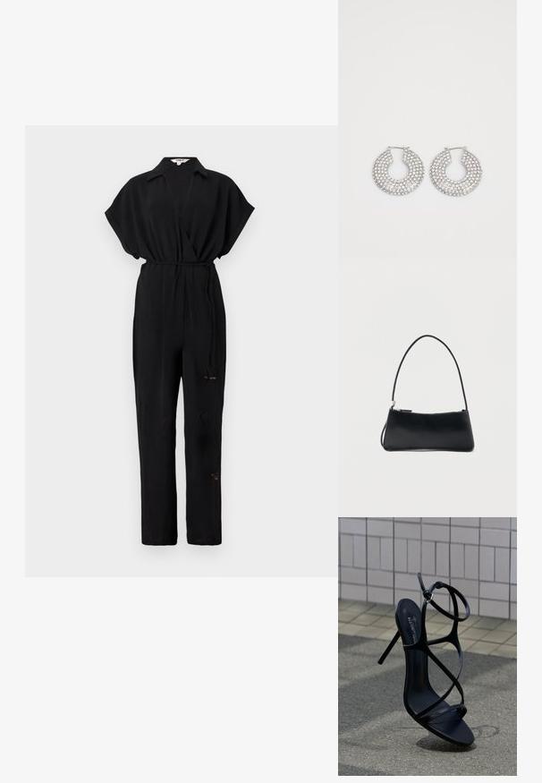 Sort jumpsuit med korte ærmer, omslag design og en cinched talje. Har et tekstureret stof og diskret detailing ved kanten.; Sort højhælet sandal med tynde remme og ankelspænde, placeret oprejst på grå fortov nær flisebelagt væg baggrund.; Sort rektangulær håndtaske med tynd skulderrem og lynlåslukning, sat mod en enkel hvid baggrund.; Sølvøreringe med flere klare krystaludsmykninger, med en struktureret overflade og et åbent rundt design.