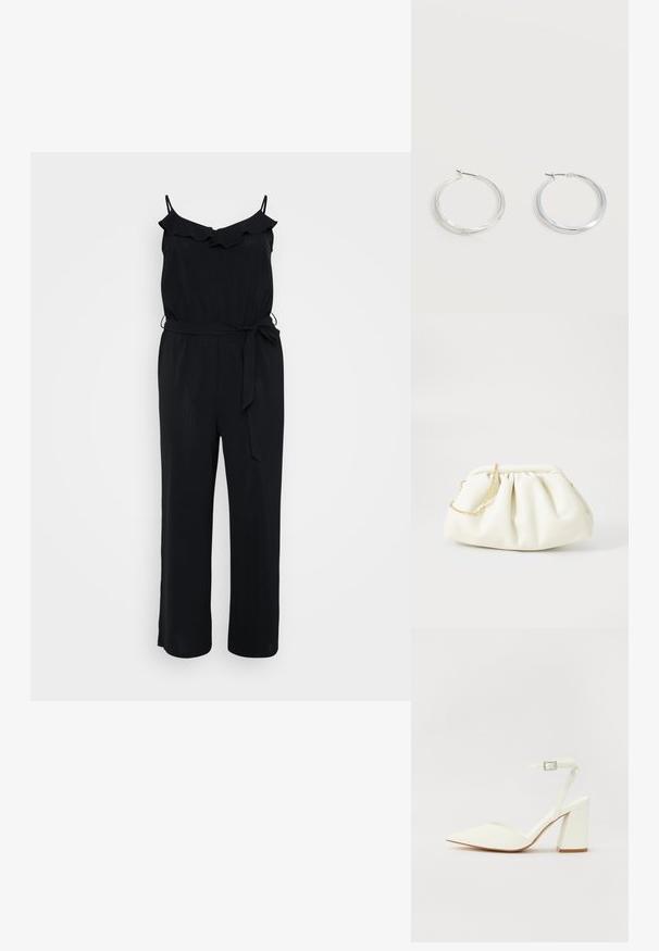 Sort jumpsuit med spaghetti-stropper, flæset halsudskæring, taljebånd og bred ben-design. Fremstillet af letvægtsstof med en glat tekstur.; Hvide hælede sandaler med spids tå, justerbar ankelrem og en kraftig firkantet hæl. Glat tekstur med minimale syninger.; Hvid læderhåndtaske med en samlede design, forsynet med en guldkæde-strop og en rund form. Glat tekstur med bløde folder og ingen mønstre.; Sølvfarvede metaloorringe med glat, let buet overflade og låsemekanisme på en ensfarvet hvid baggrund.